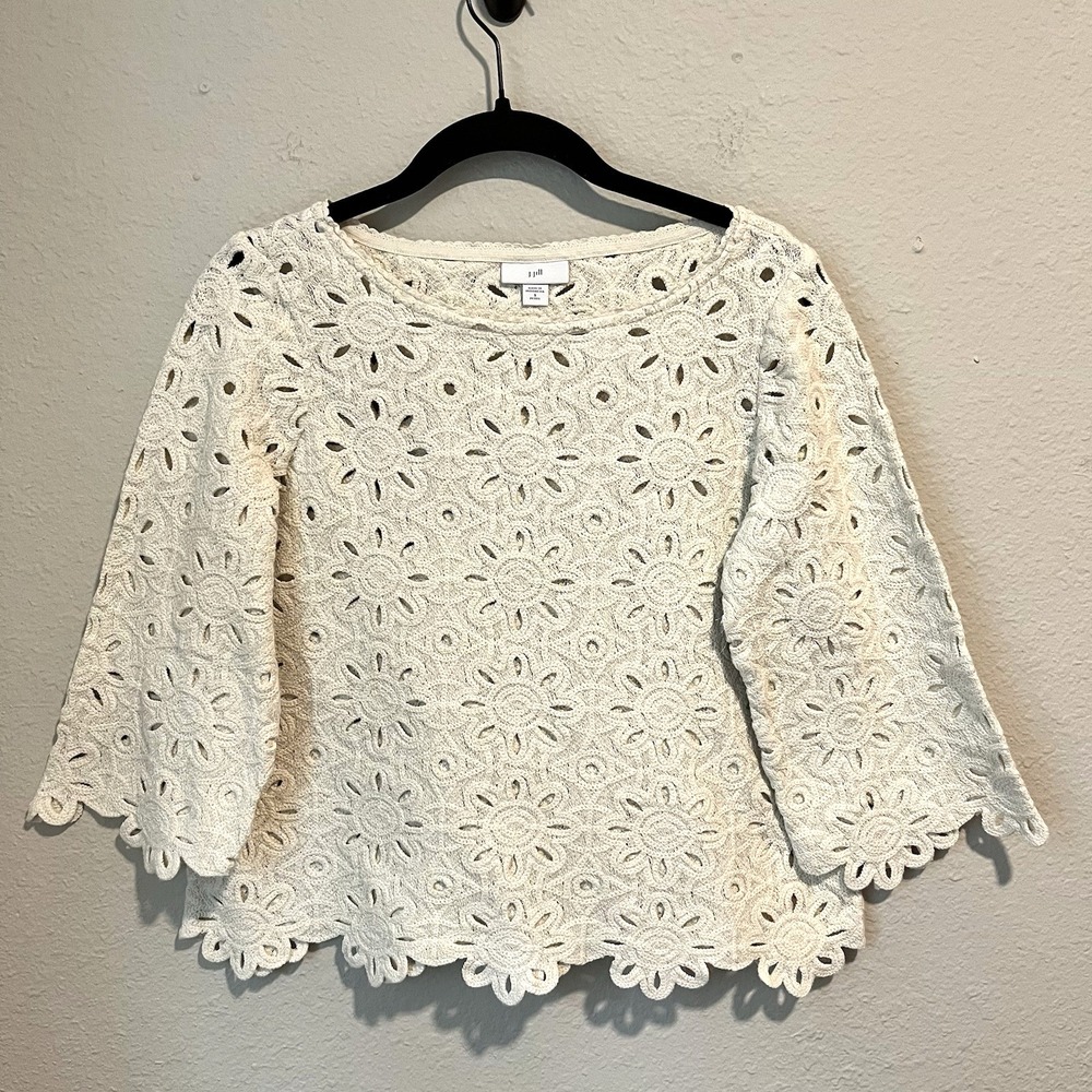 J. Jill Women's Barley Crochet Top Petite S Cream Floral Eyelet 3/4 Slv Cottage